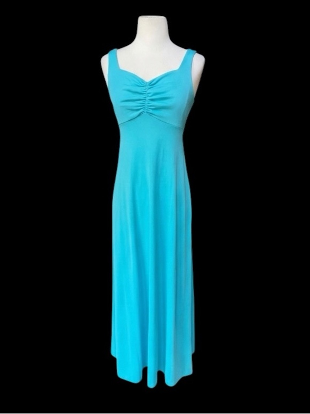 Late 60s/Early 70s Poly Turquoise Blue Thick Tank Style Straps Maxi Dress